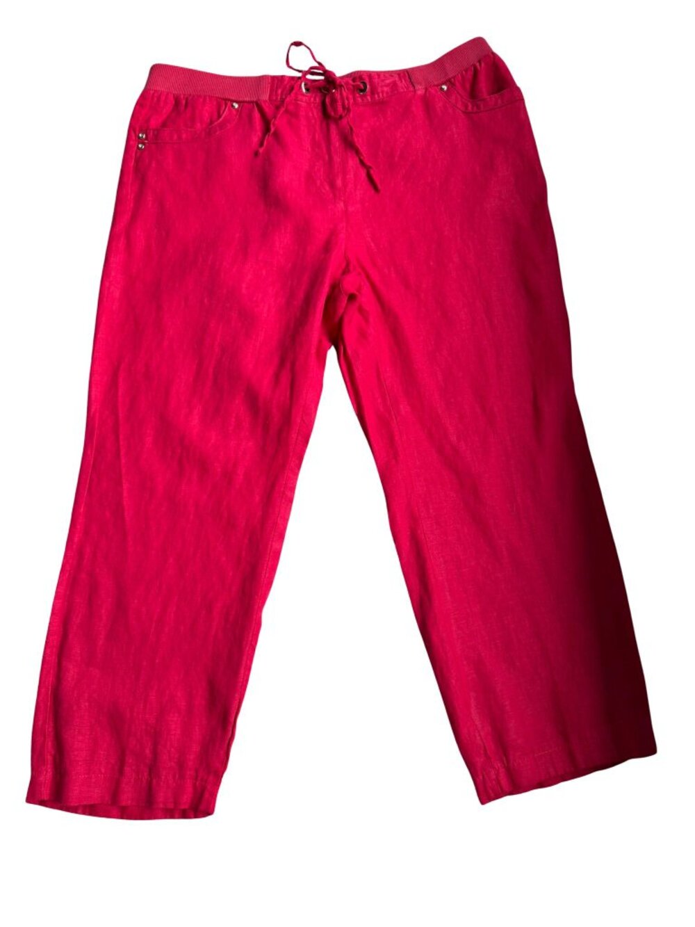JM Collection Red 100% Linen Crop Pants Drawstring Elastic Waist Size 12